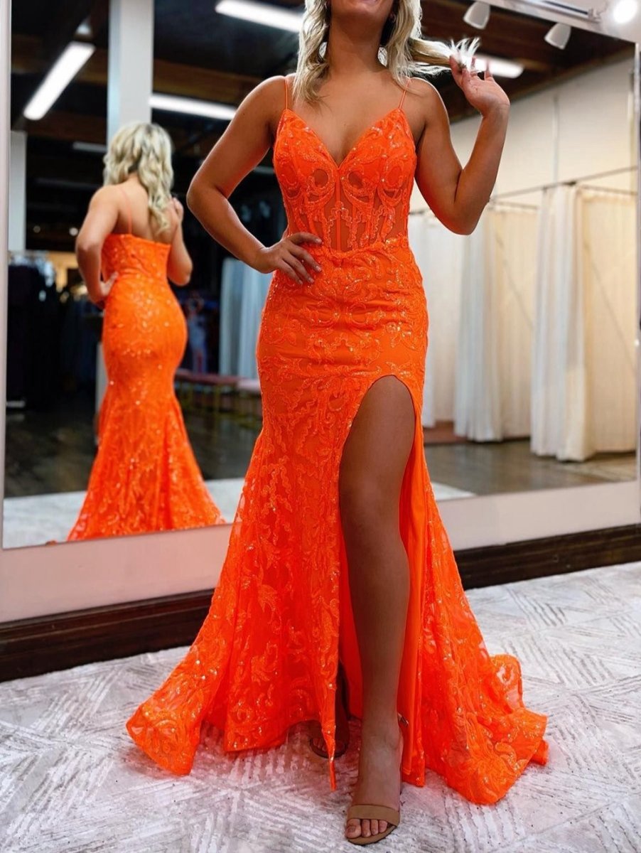 Mermaid Spaghetti Straps Sequined Lace Prom Dresses