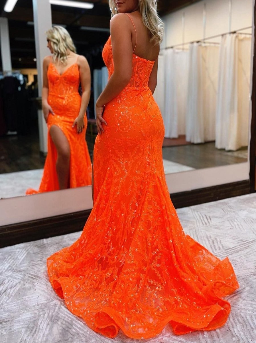 Mermaid Spaghetti Straps Sequined Lace Prom Dresses