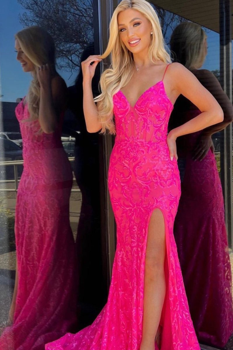 Mermaid Spaghetti Straps Sequined Lace Prom Dresses