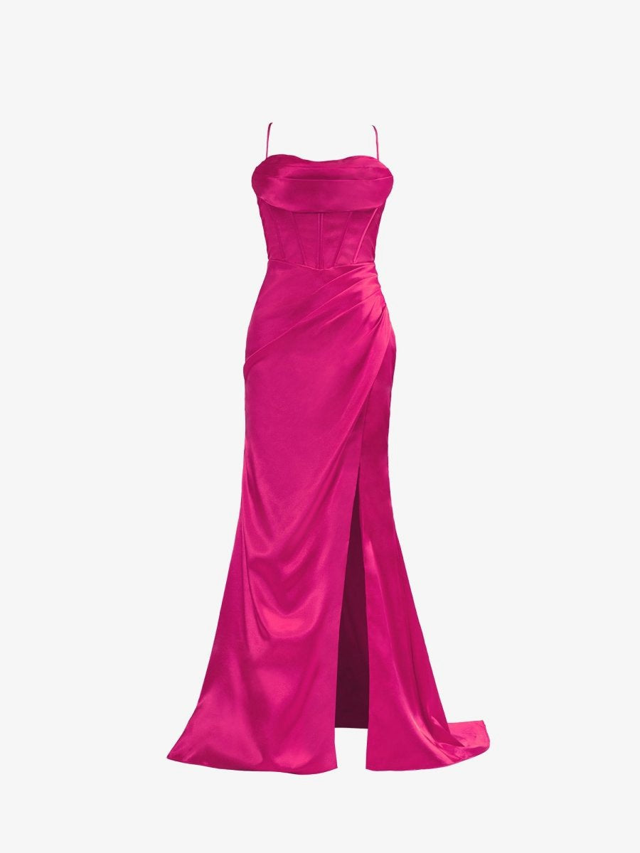 Spaghetti Straps Satin Mermaid Prom Dresses with Slit
