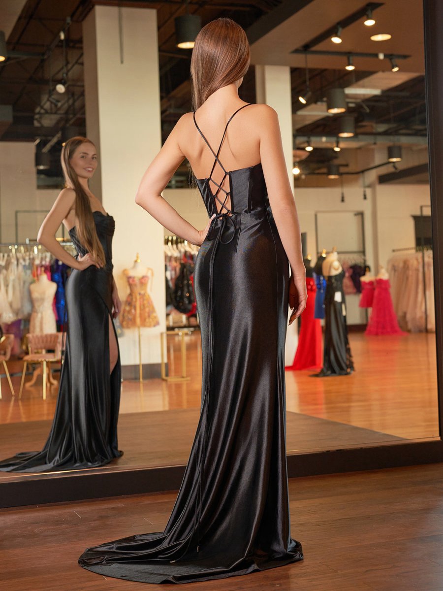 Spaghetti Straps Satin Mermaid Prom Dresses with Slit