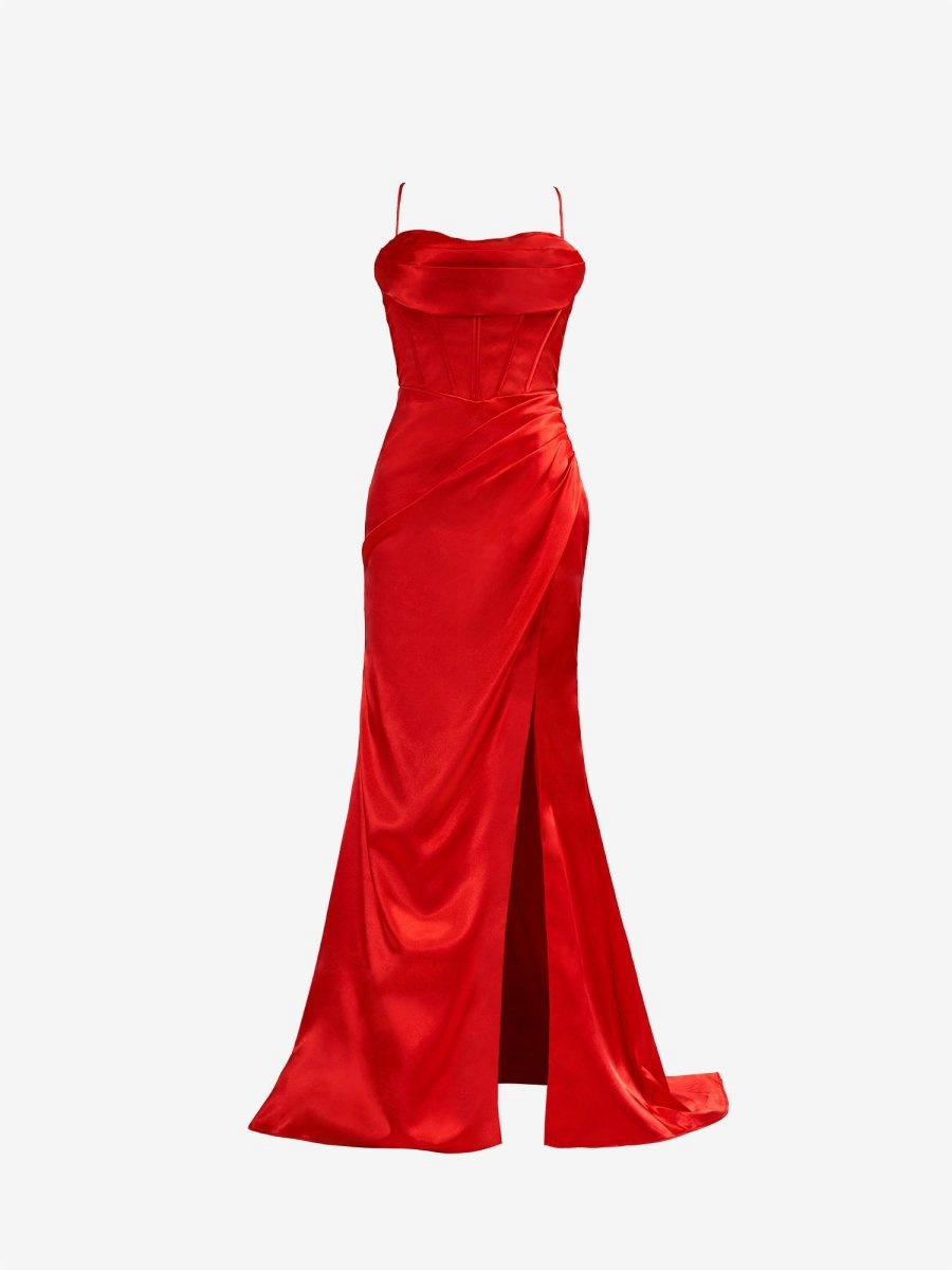 Spaghetti Straps Satin Mermaid Prom Dresses with Slit