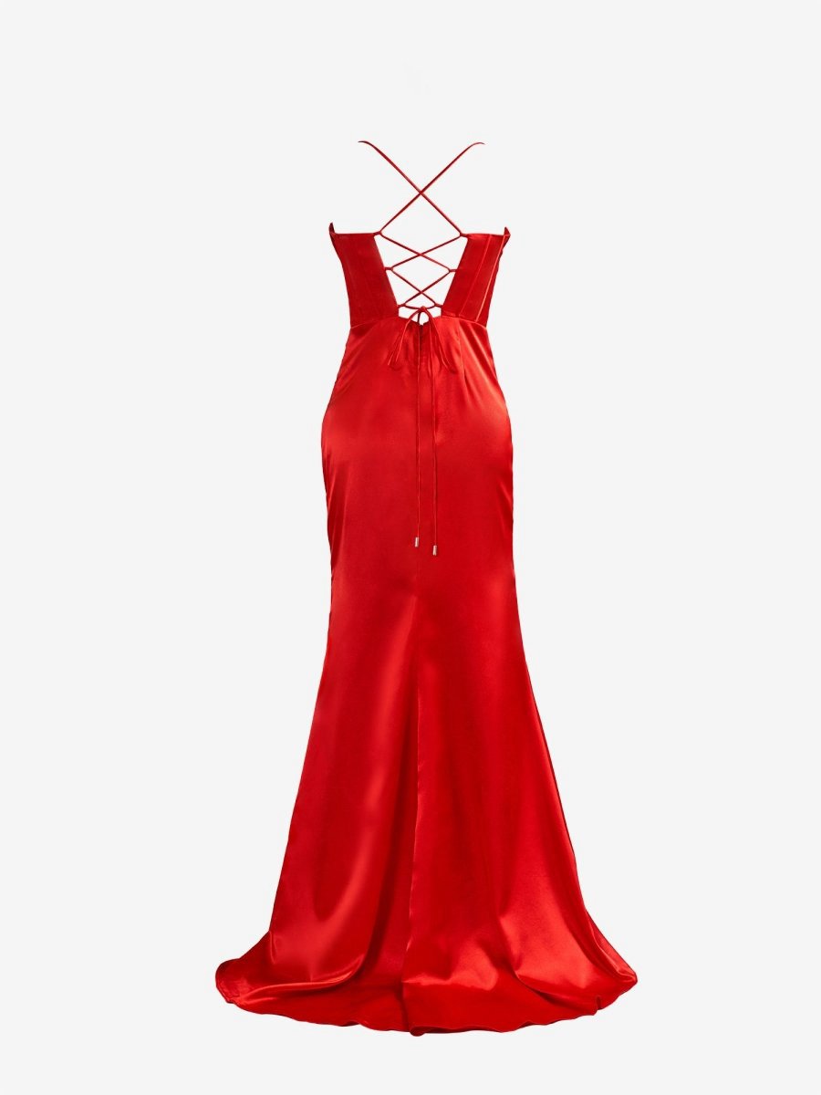 Spaghetti Straps Satin Mermaid Prom Dresses with Slit