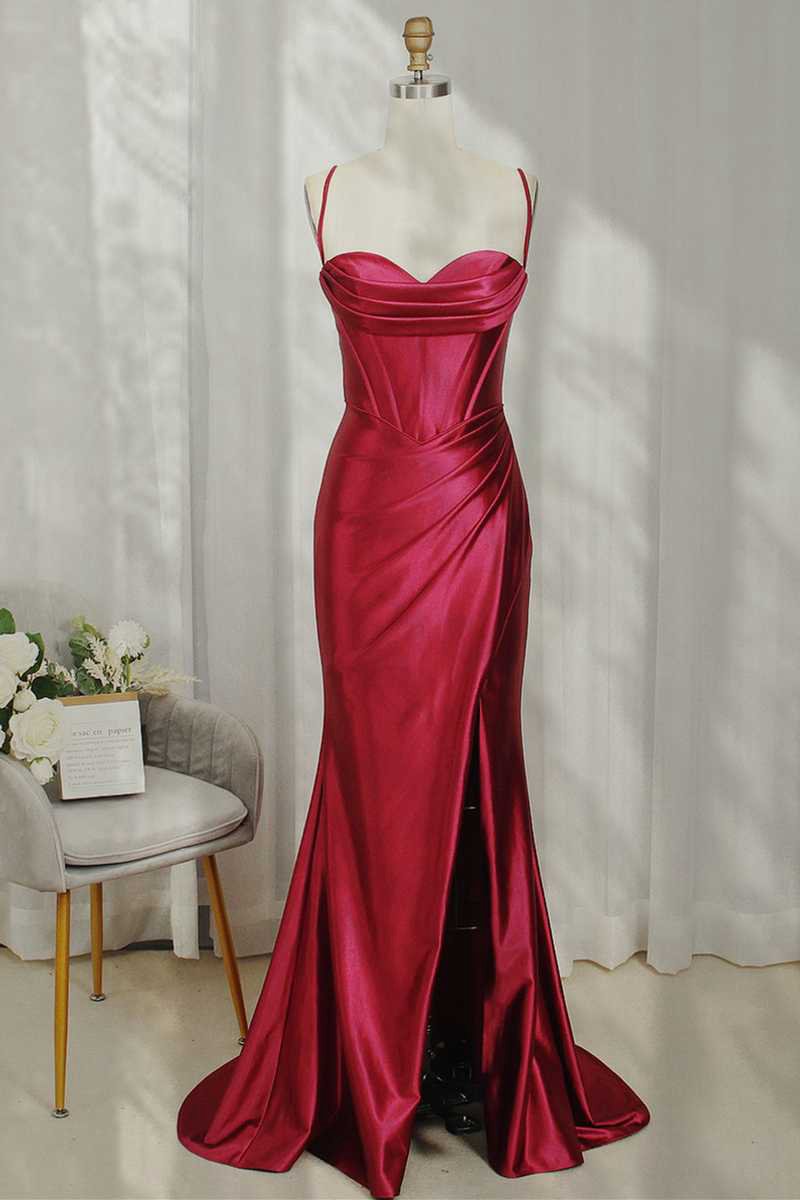 Spaghetti Straps Satin Mermaid Prom Dresses with Slit