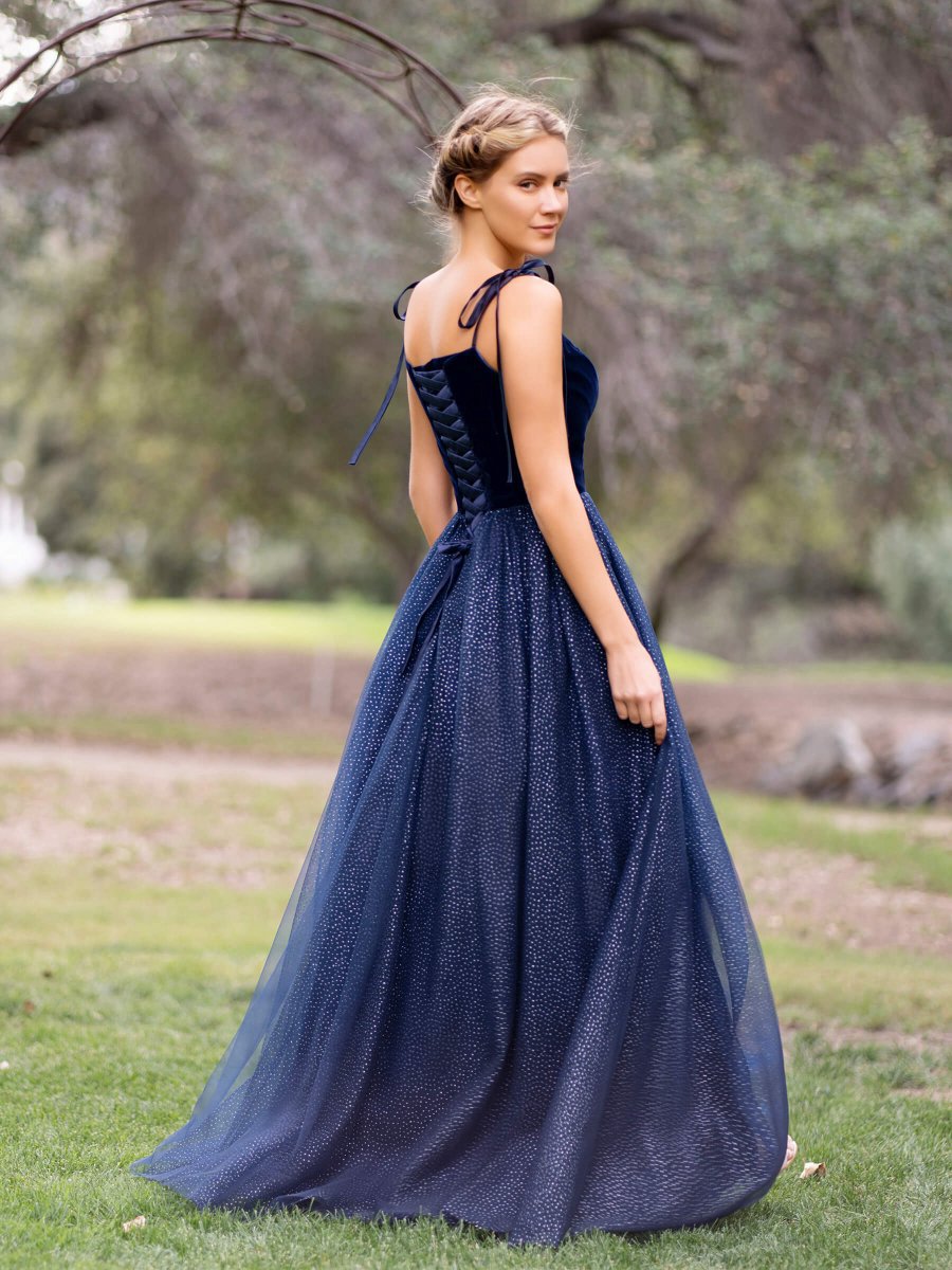 Spagatti Straps Velvet Tulle Floor Length Prom Dresses