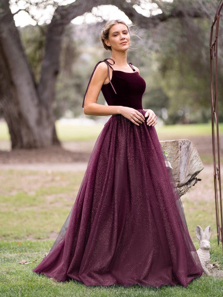 Spagatti Straps Velvet Tulle Floor Length Prom Dresses