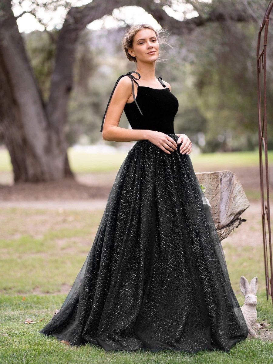 Spagatti Straps Velvet Tulle Floor Length Prom Dresses
