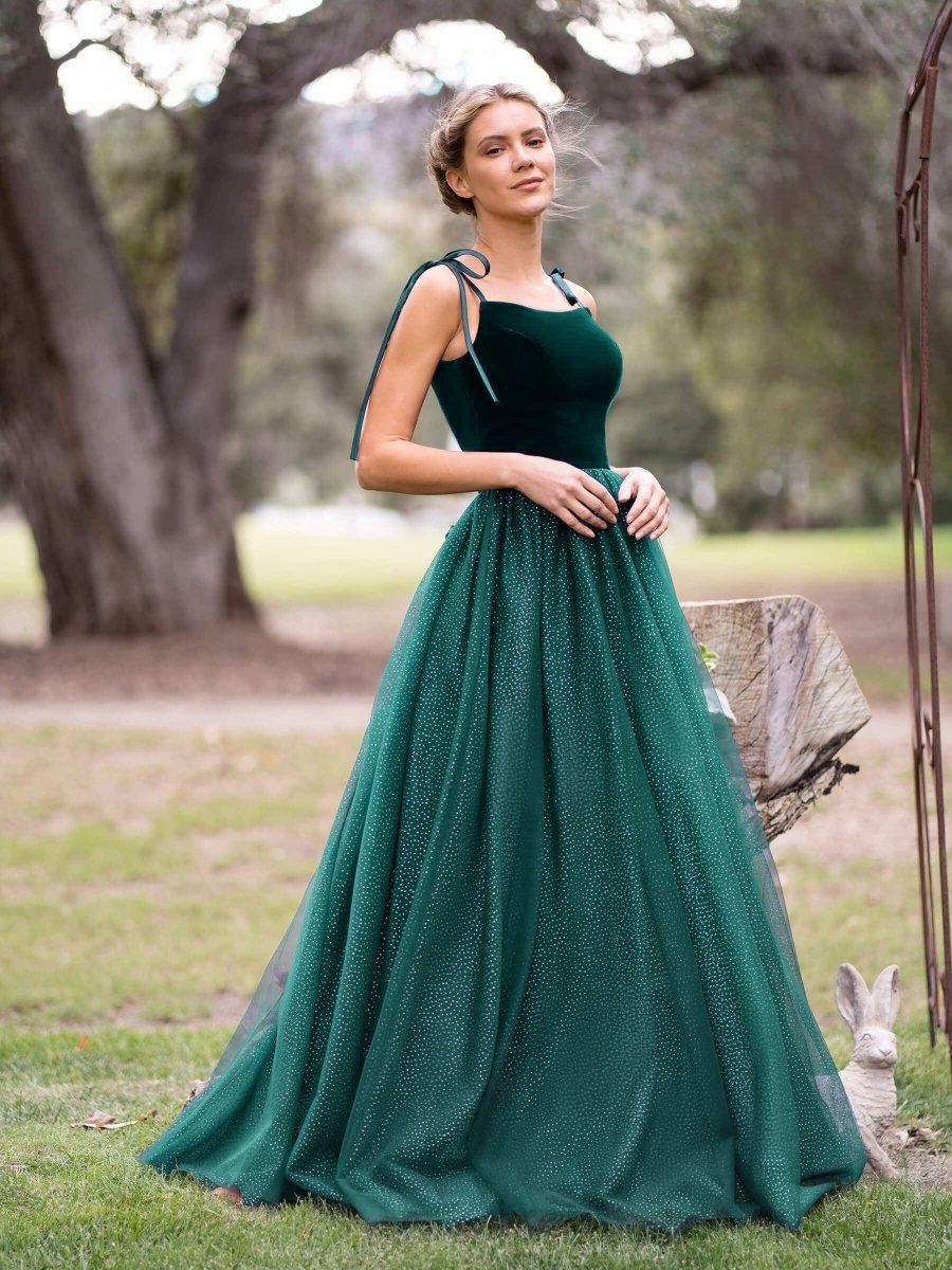 Spagatti Straps Velvet Tulle Floor Length Prom Dresses