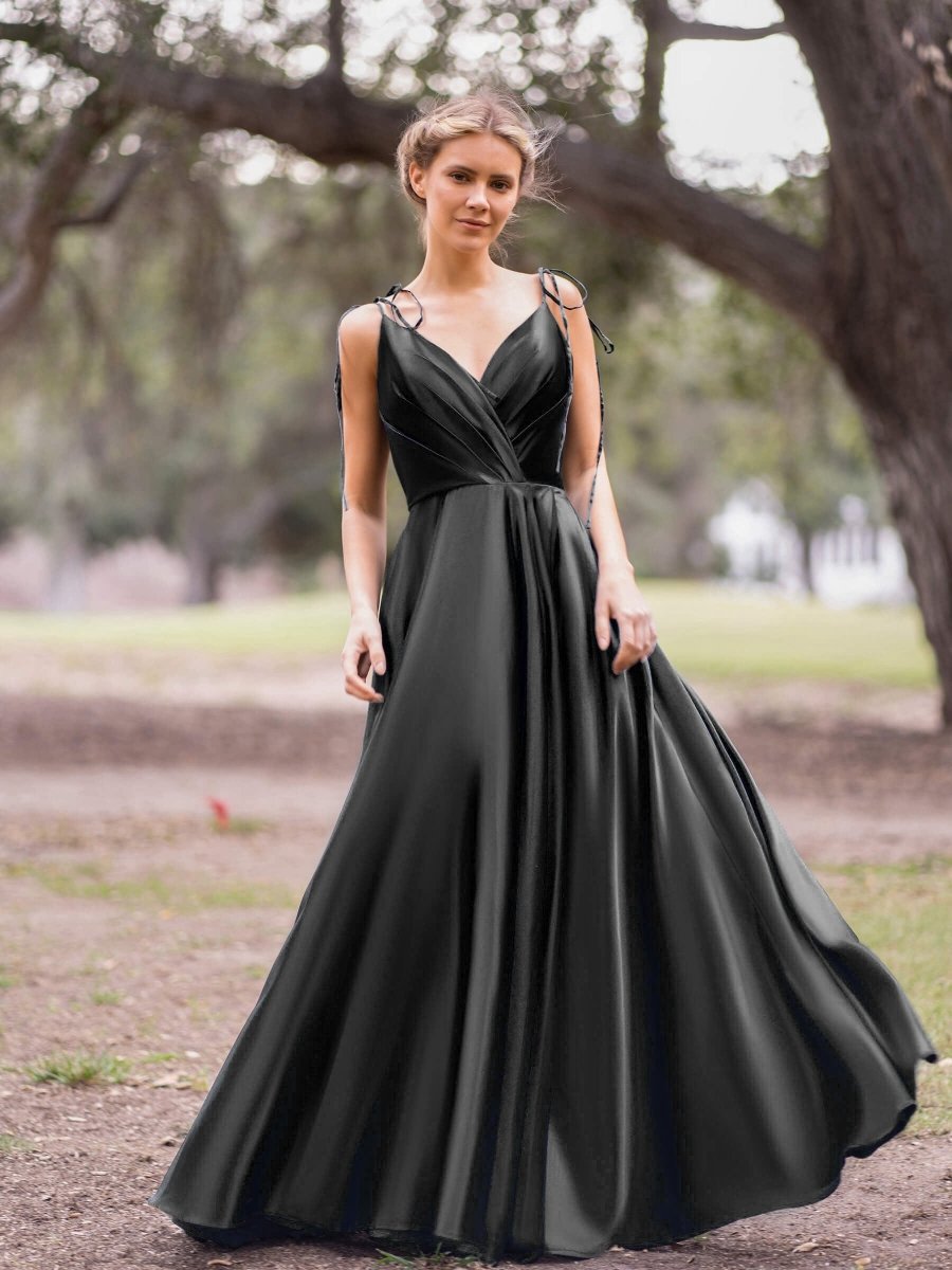 Wrap Satin A-line Floor Length Evening Dresses