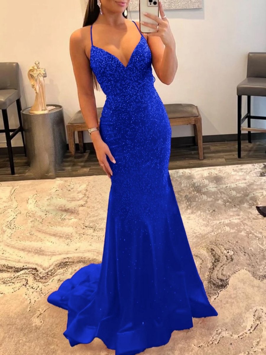 Mermaid V Neck Glitter Satin Prom Dresses
