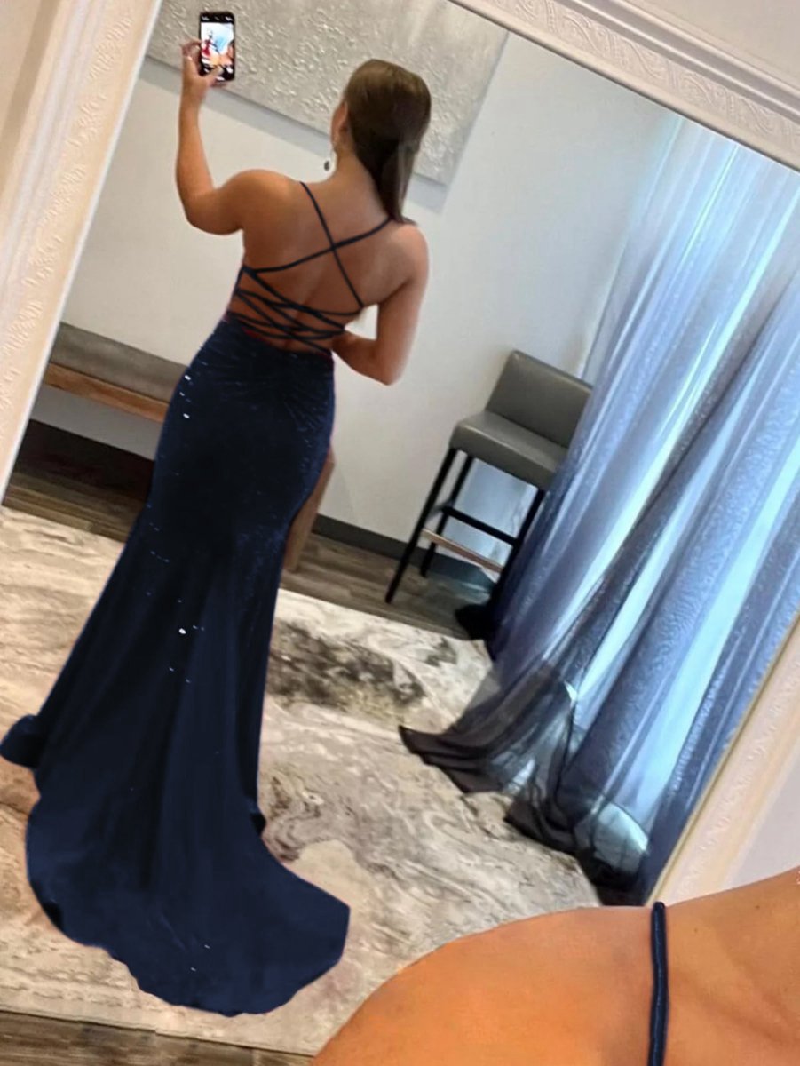 Mermaid V Neck Glitter Satin Prom Dresses