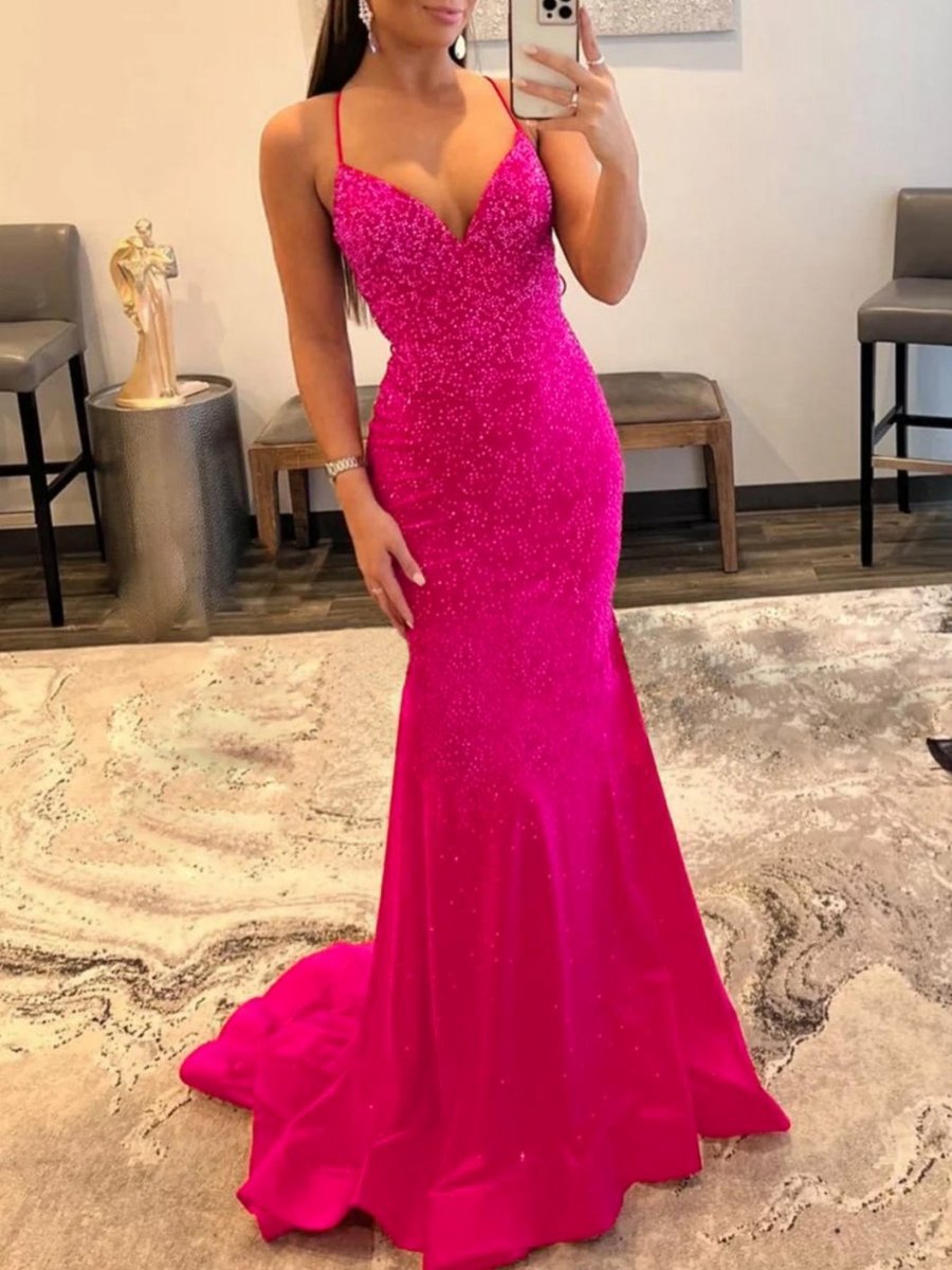 Mermaid V Neck Glitter Satin Prom Dresses