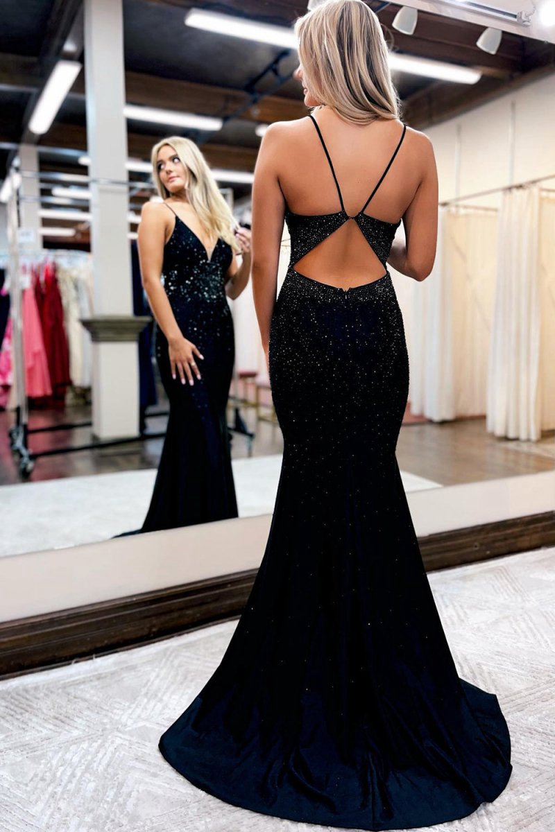Mermaid Spaghetti Straps Beaded Satin Prom Dresses