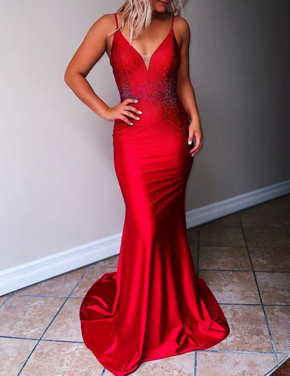 Mermaid Spaghetti Straps Beaded Satin Prom Dresses