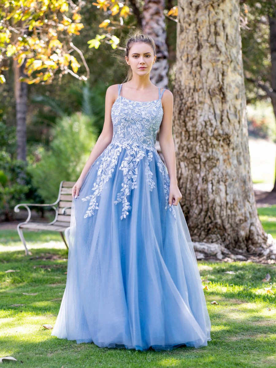 A-line Lace Applique Floor Length Tulle Prom Dresses