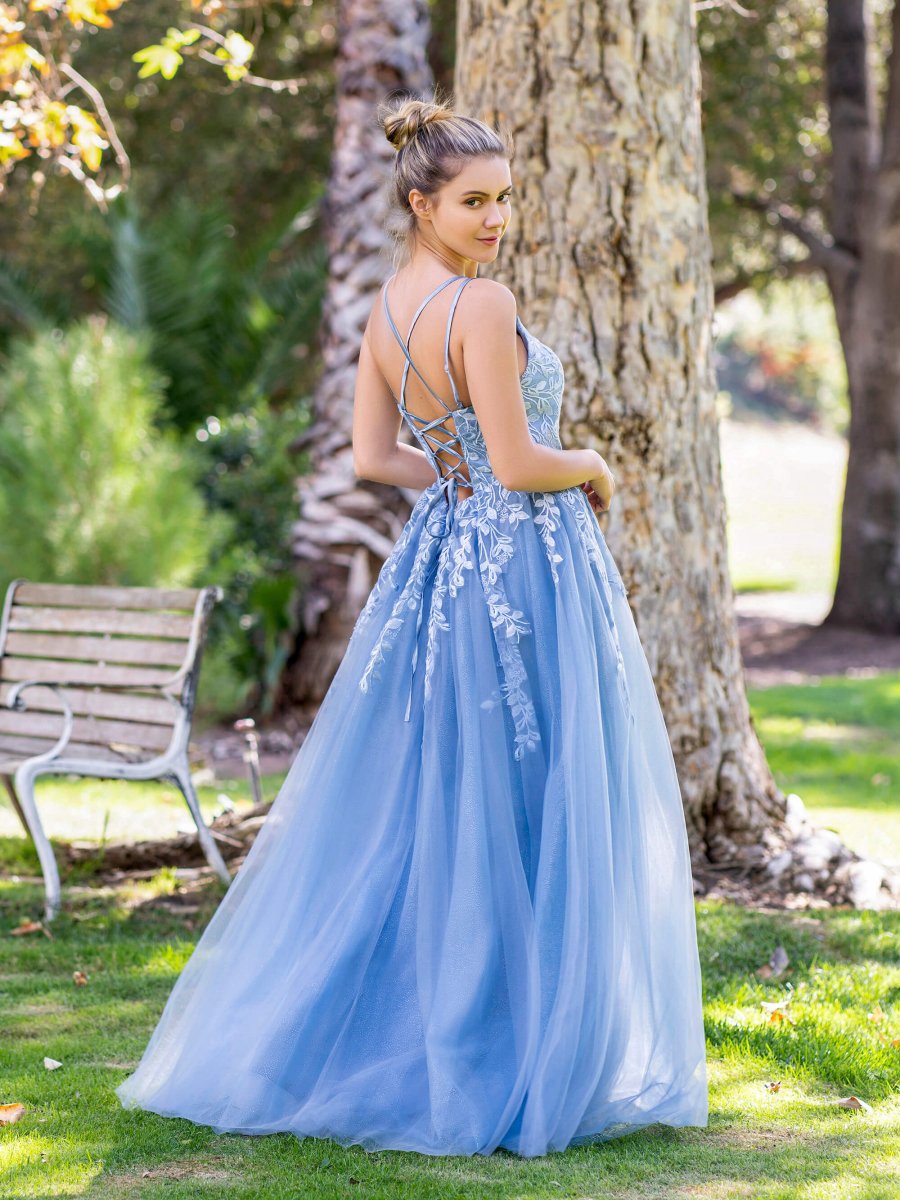 A-line Lace Applique Floor Length Tulle Prom Dresses