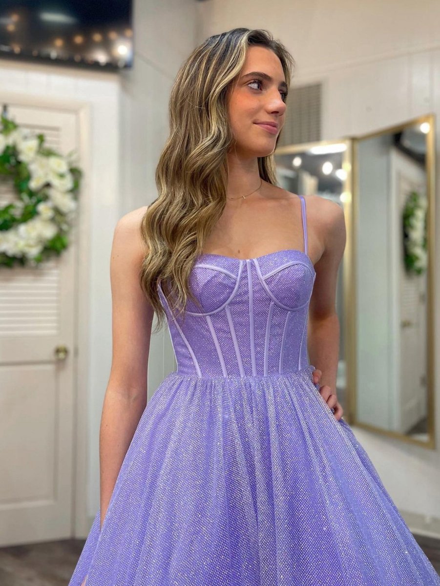A-line Glitter Tulle Prom Dresses with Pockets