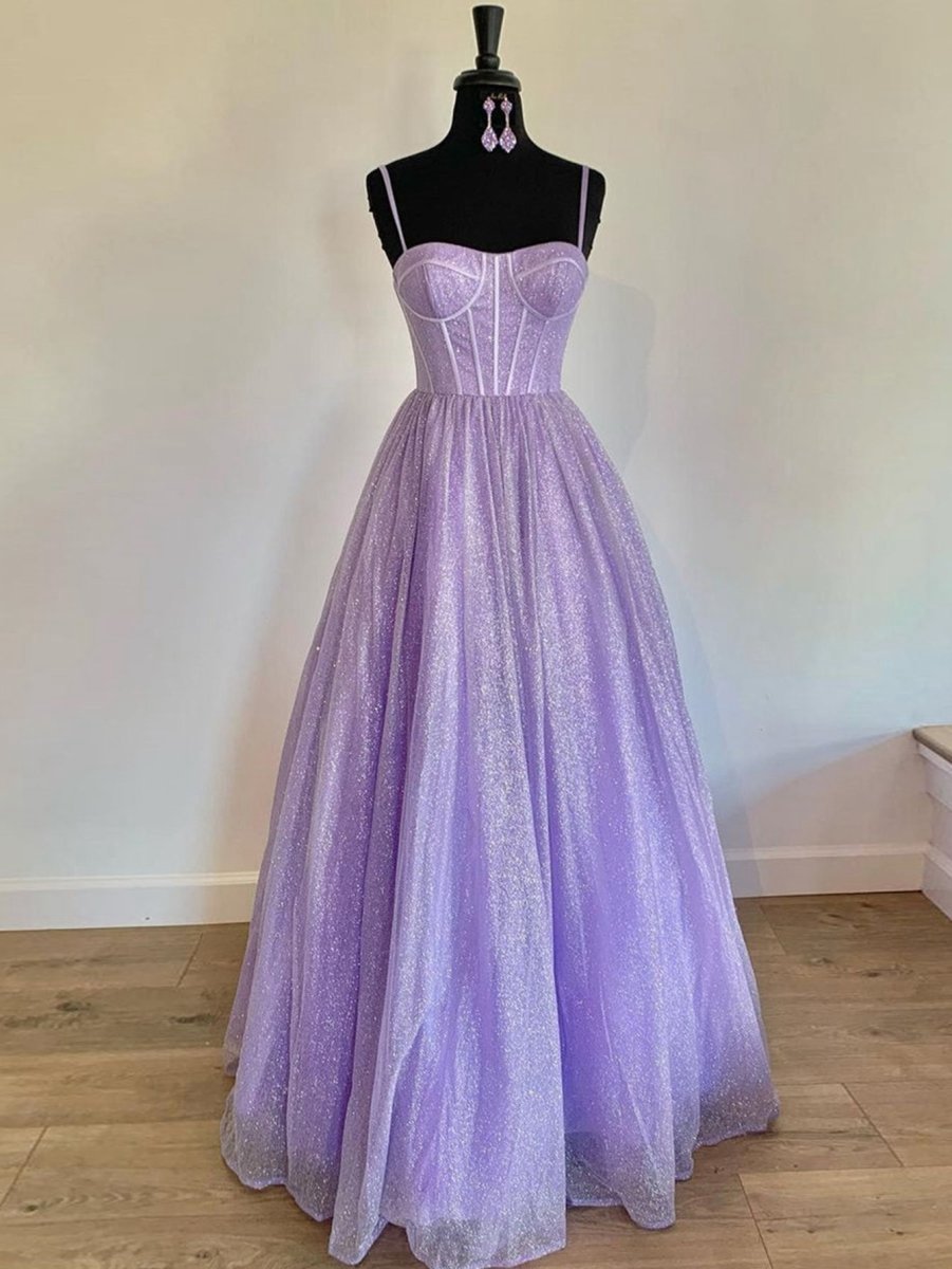 A-line Glitter Tulle Prom Dresses with Pockets