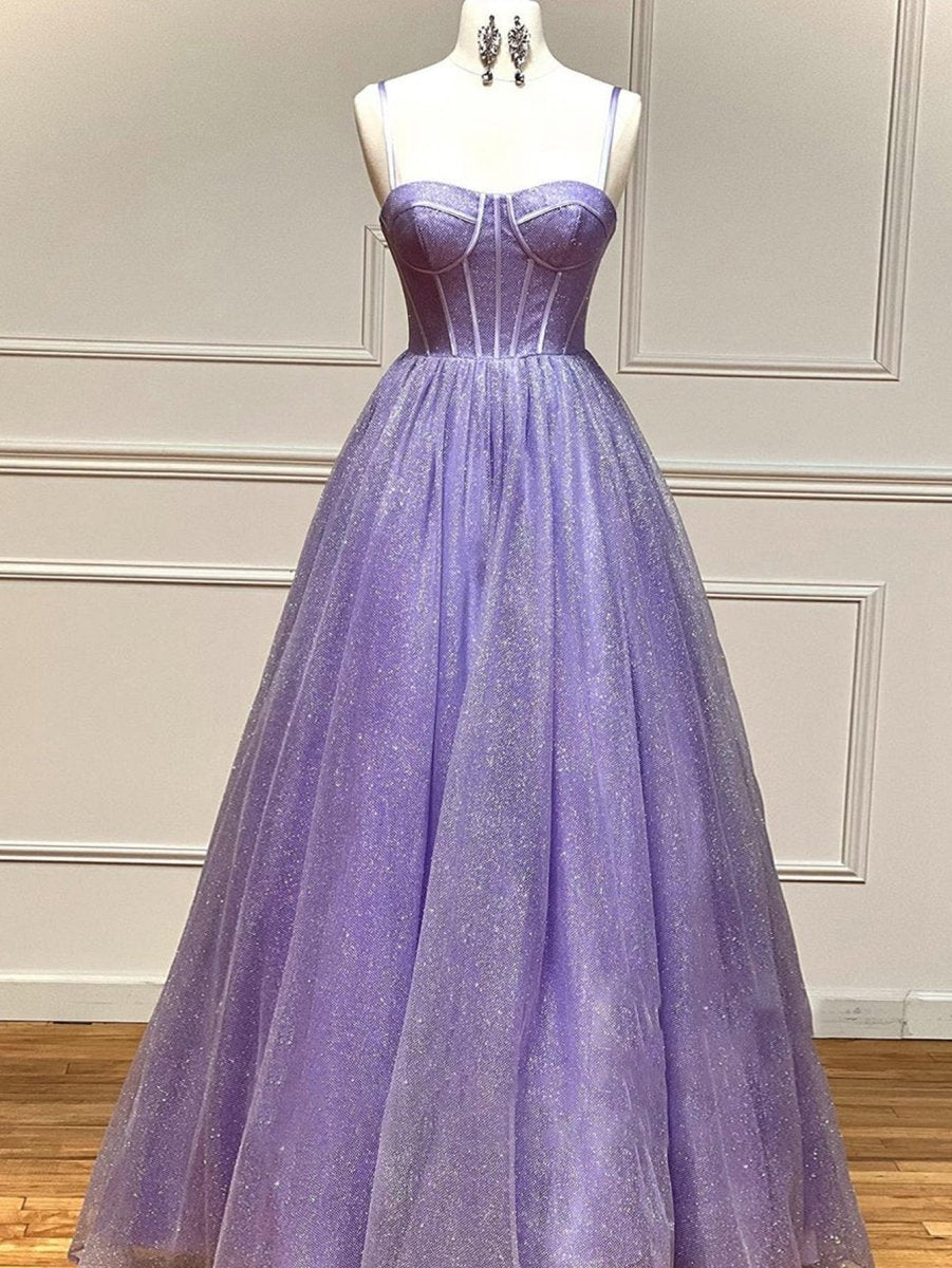 A-line Glitter Tulle Prom Dresses with Pockets