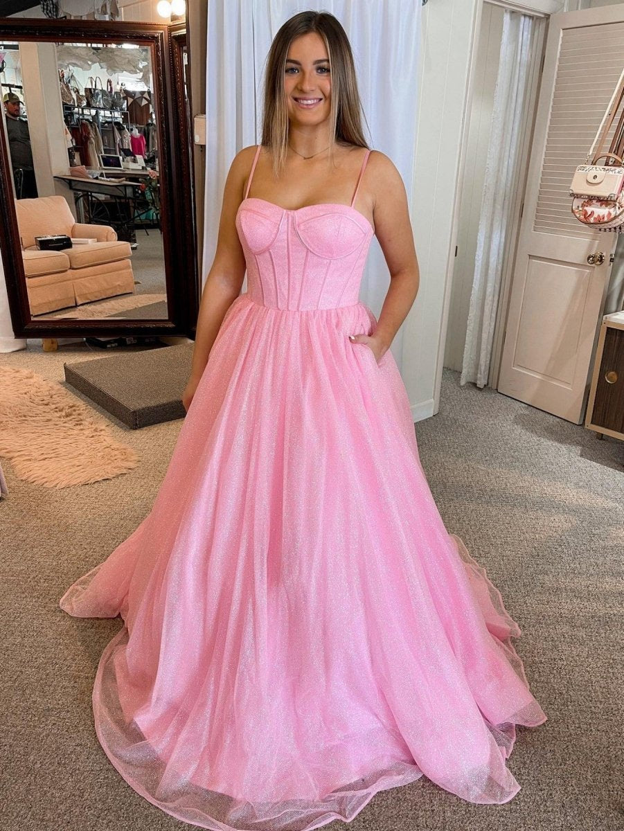 A-line Glitter Tulle Prom Dresses with Pockets