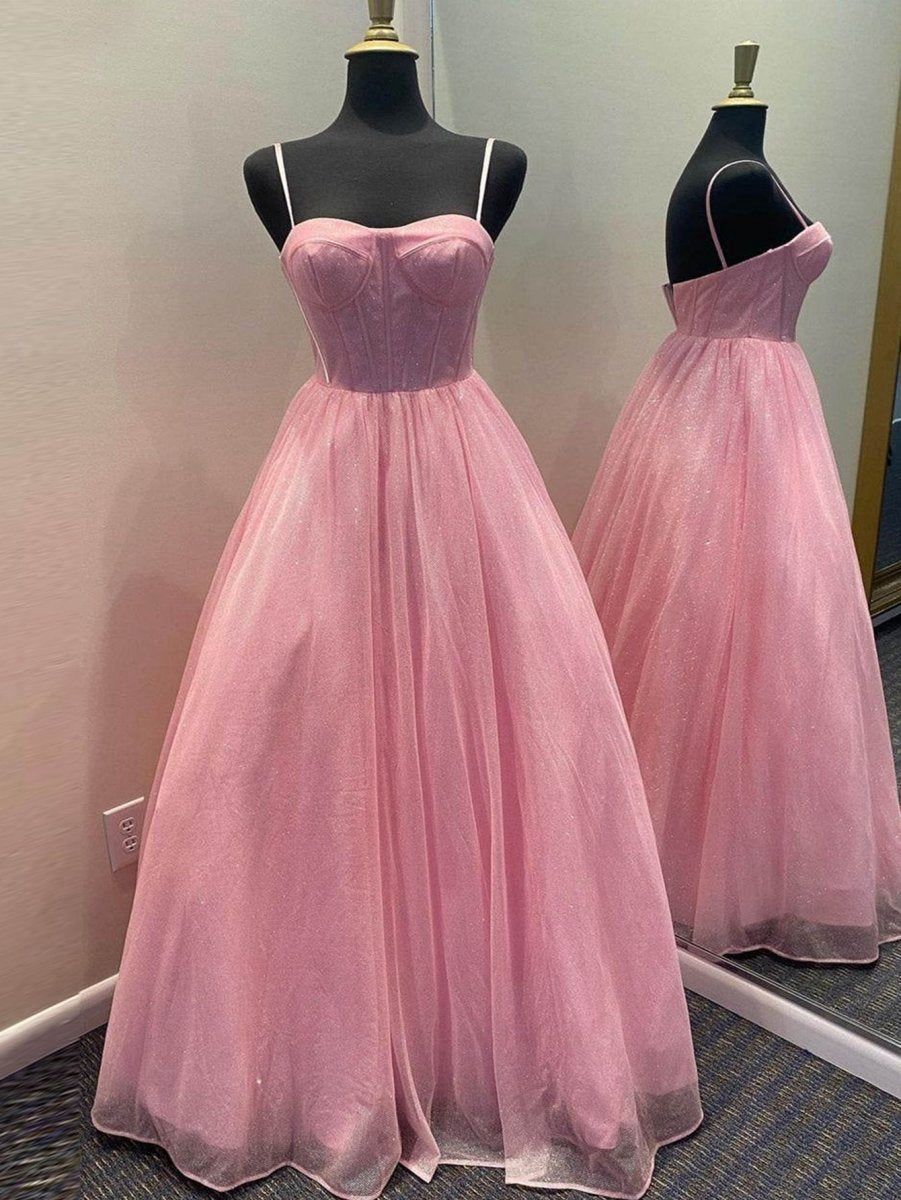 A-line Glitter Tulle Prom Dresses with Pockets