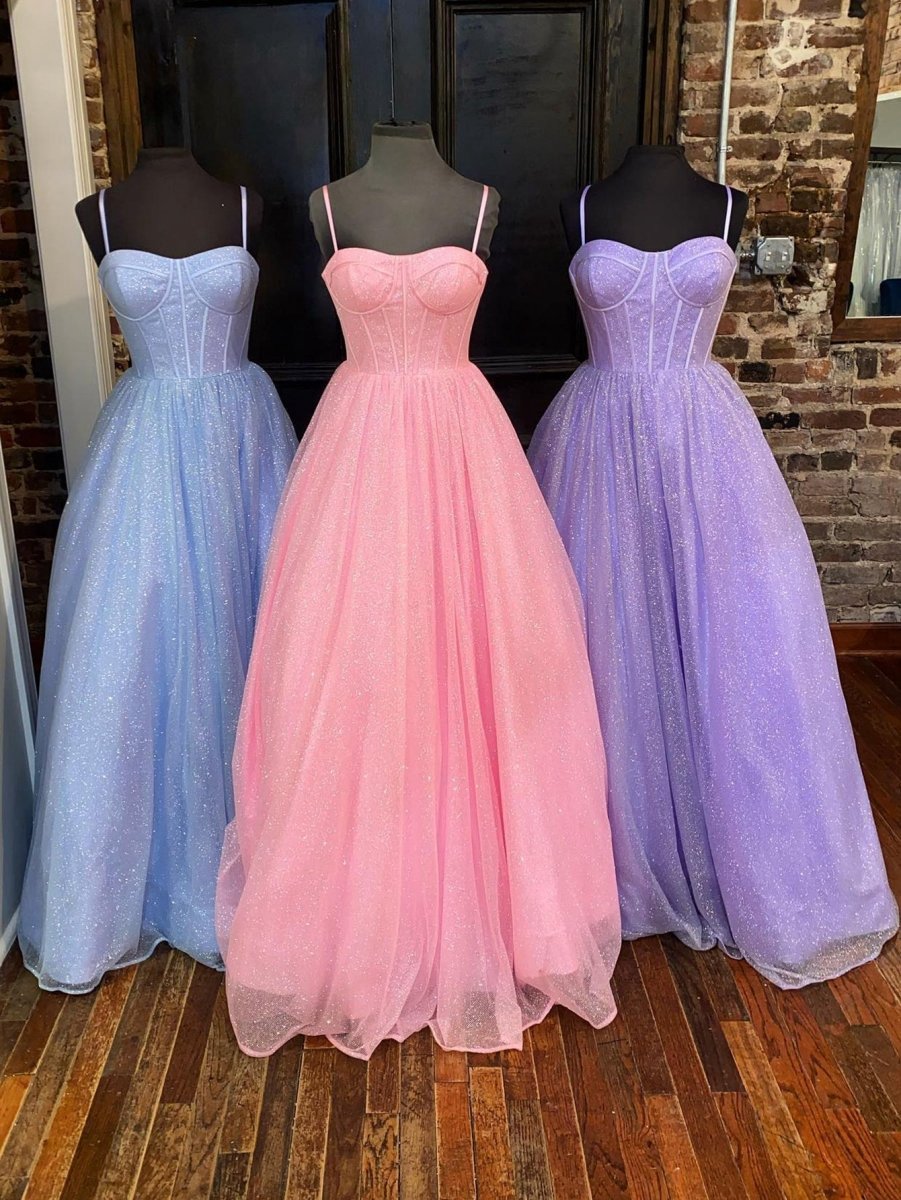 A-line Glitter Tulle Prom Dresses with Pockets