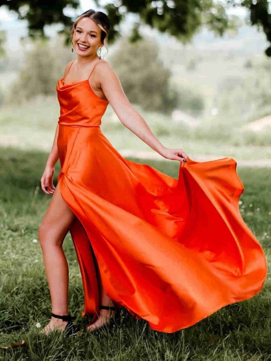 A-line Cowl Neck Satin Prom Dresses with Slit