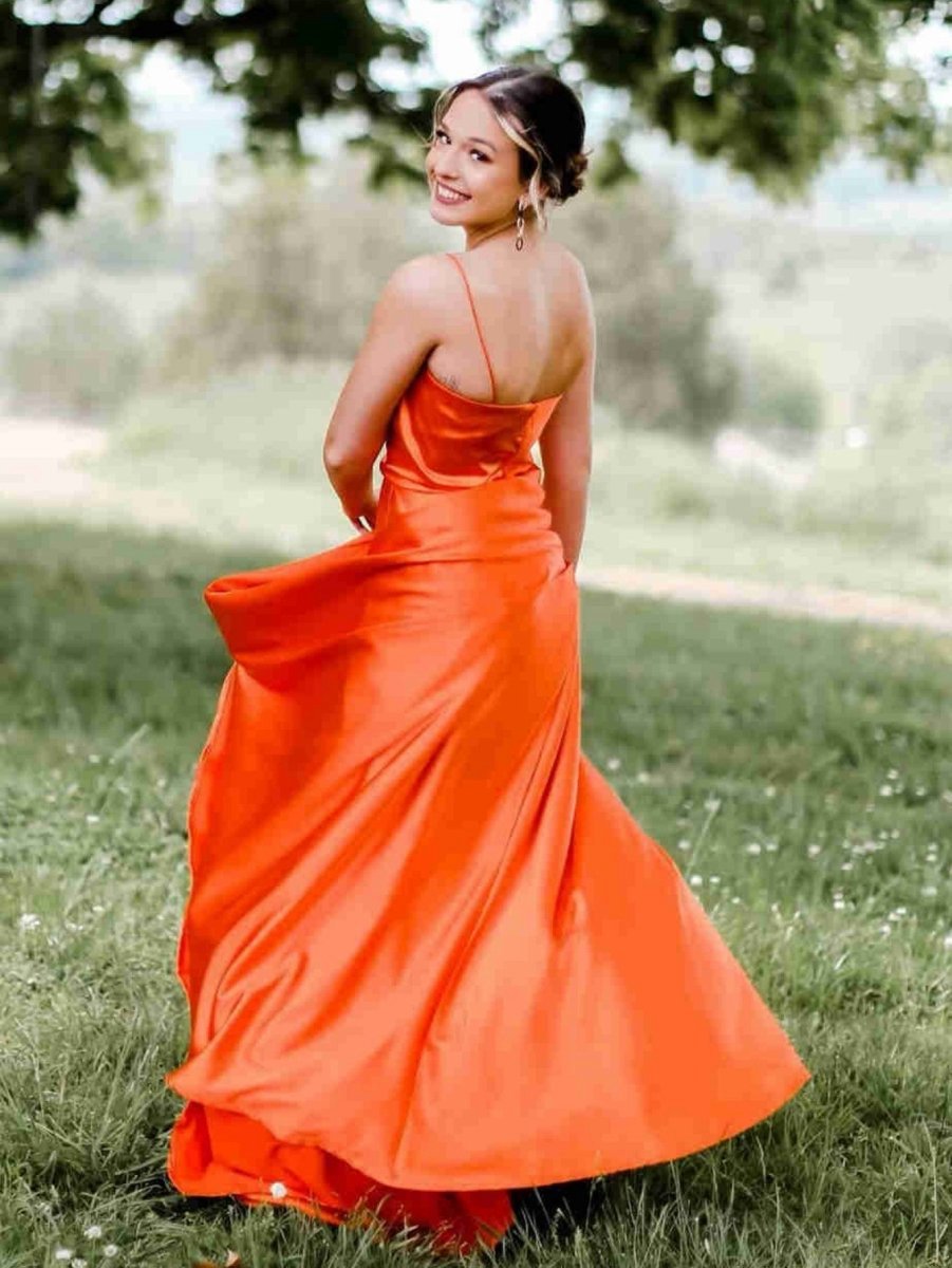 A-line Cowl Neck Satin Prom Dresses with Slit