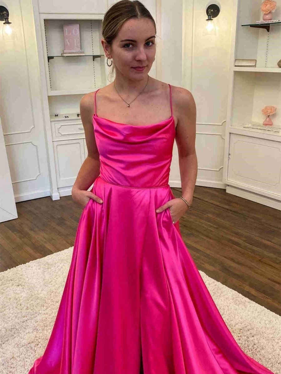 A-line Cowl Neck Satin Prom Dresses with Slit