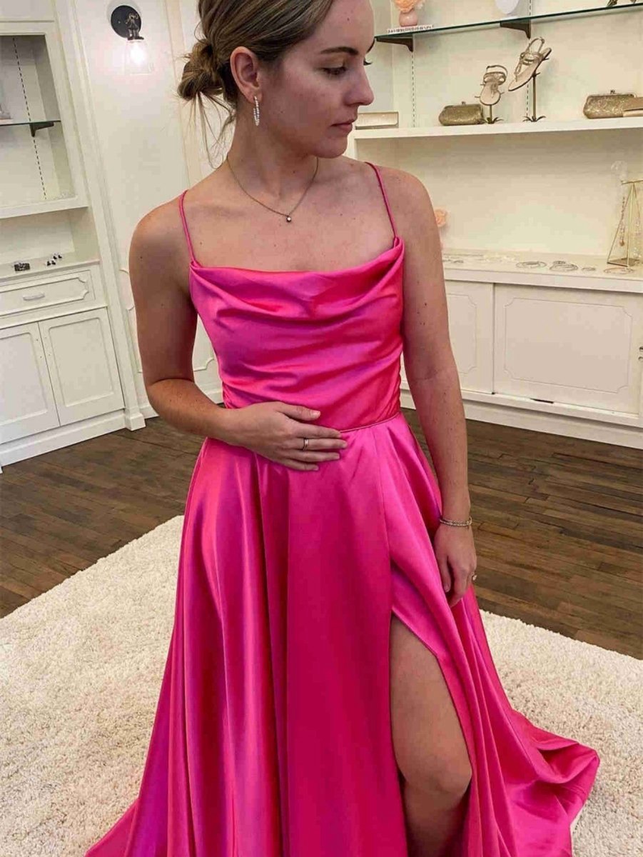 A-line Cowl Neck Satin Prom Dresses with Slit