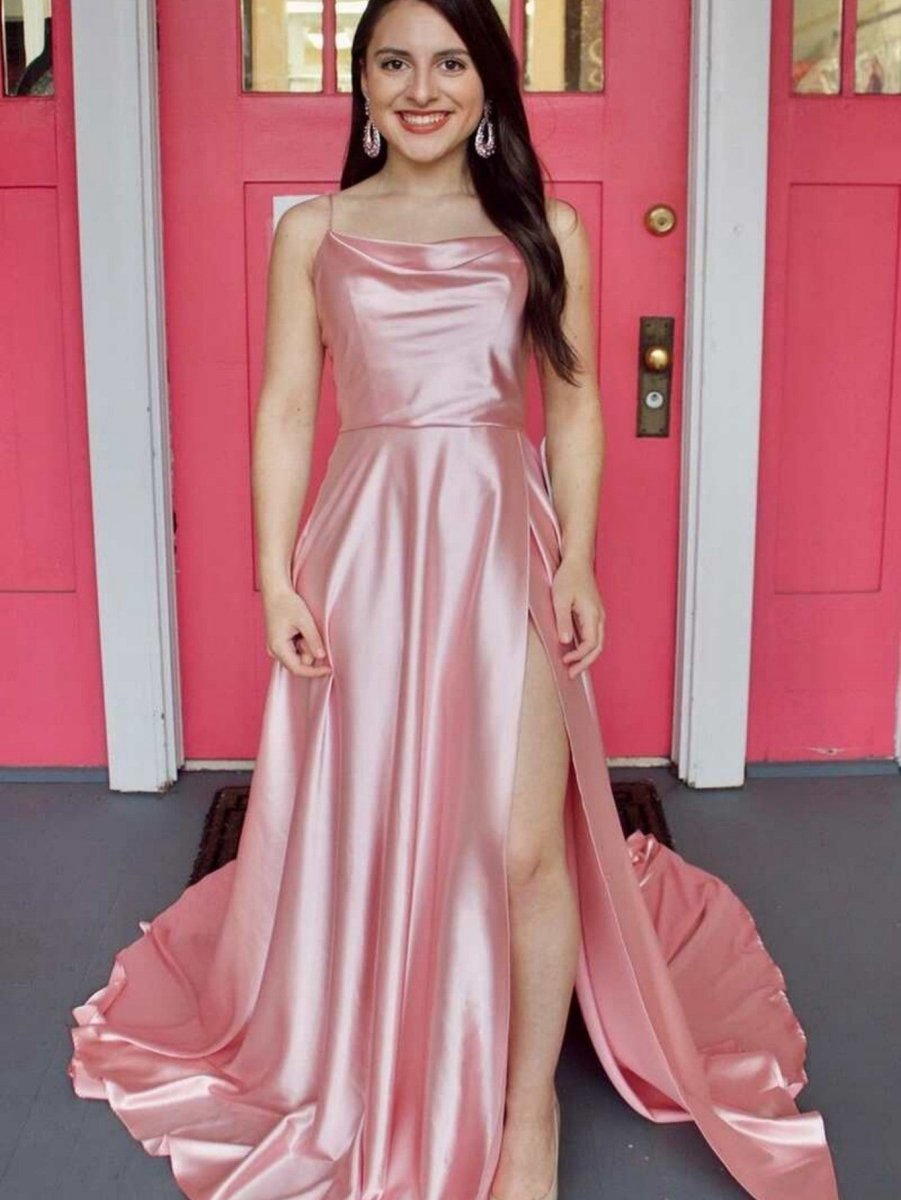 A-line Cowl Neck Satin Prom Dresses with Slit