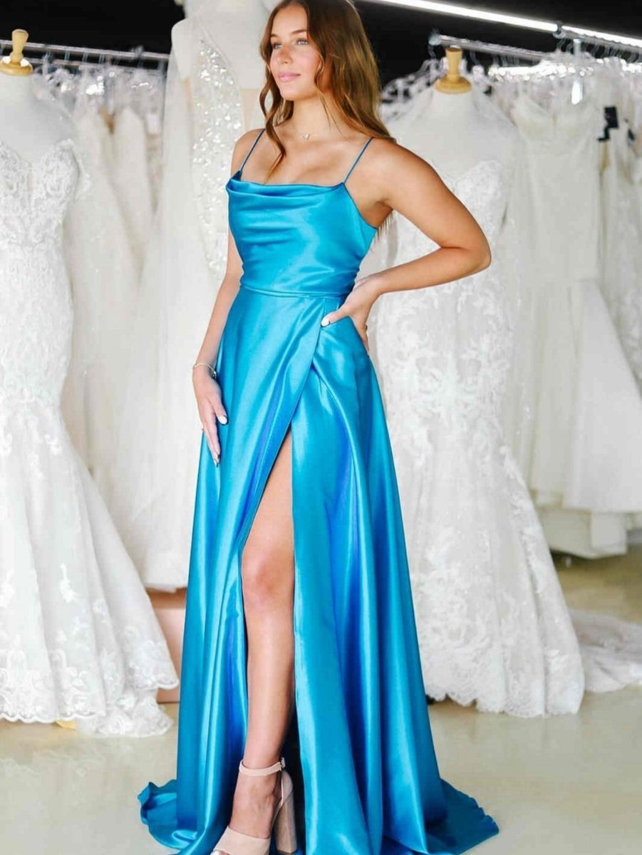 A-line Cowl Neck Satin Prom Dresses with Slit