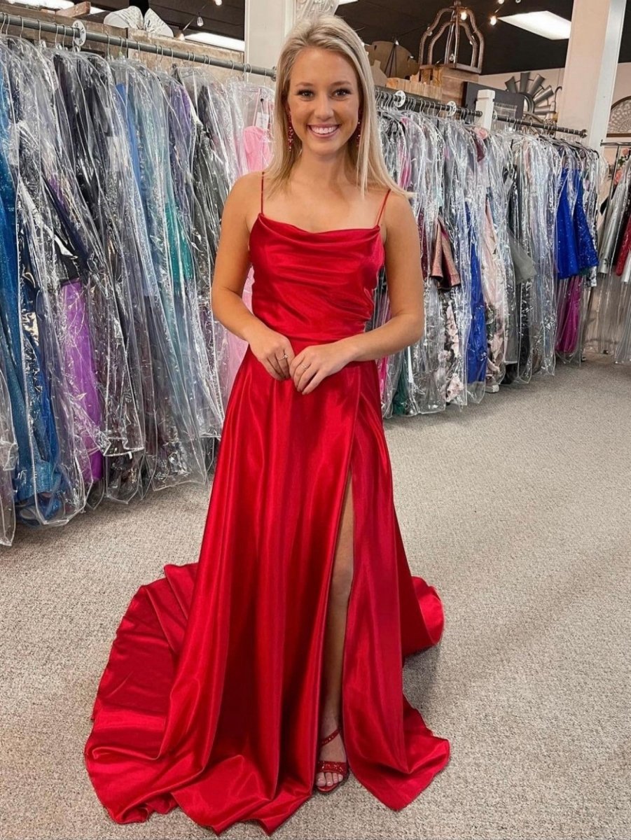 A-line Cowl Neck Satin Prom Dresses with Slit