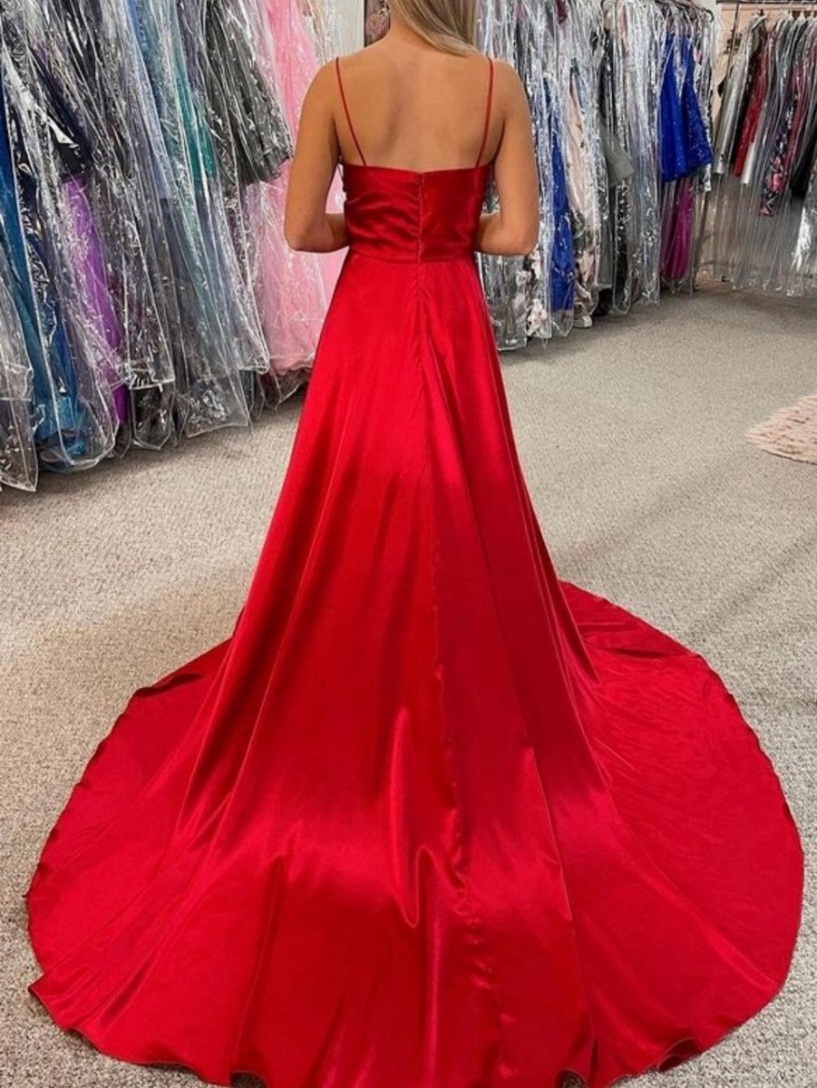 A-line Cowl Neck Satin Prom Dresses with Slit