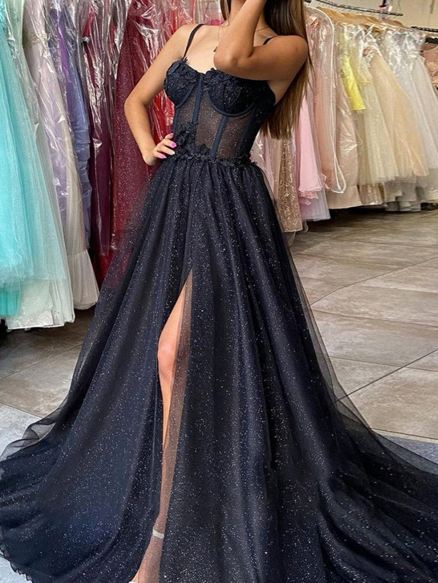 A-line Spaghetti Straps Glitter Tulle Prom Dresses