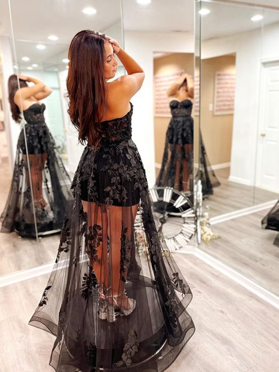 A-line Strapless Tulle Lace Prom Dresses
