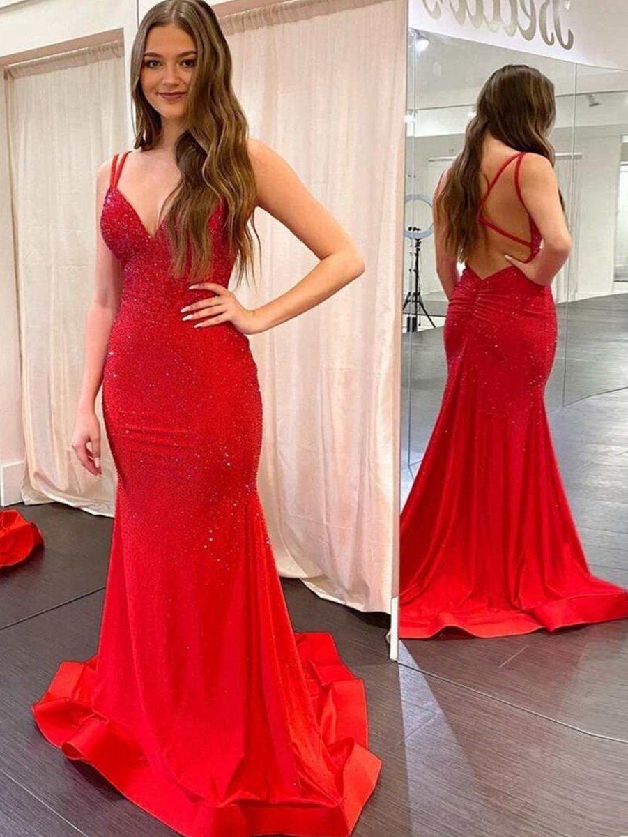 Mermaid V Neck Beaded Jersey Prom Dresses