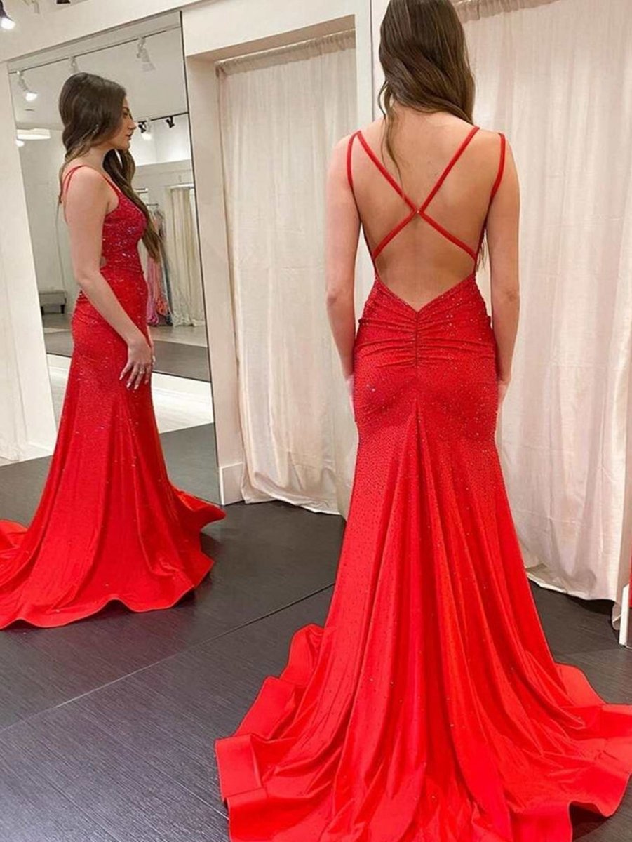 Mermaid V Neck Beaded Jersey Prom Dresses
