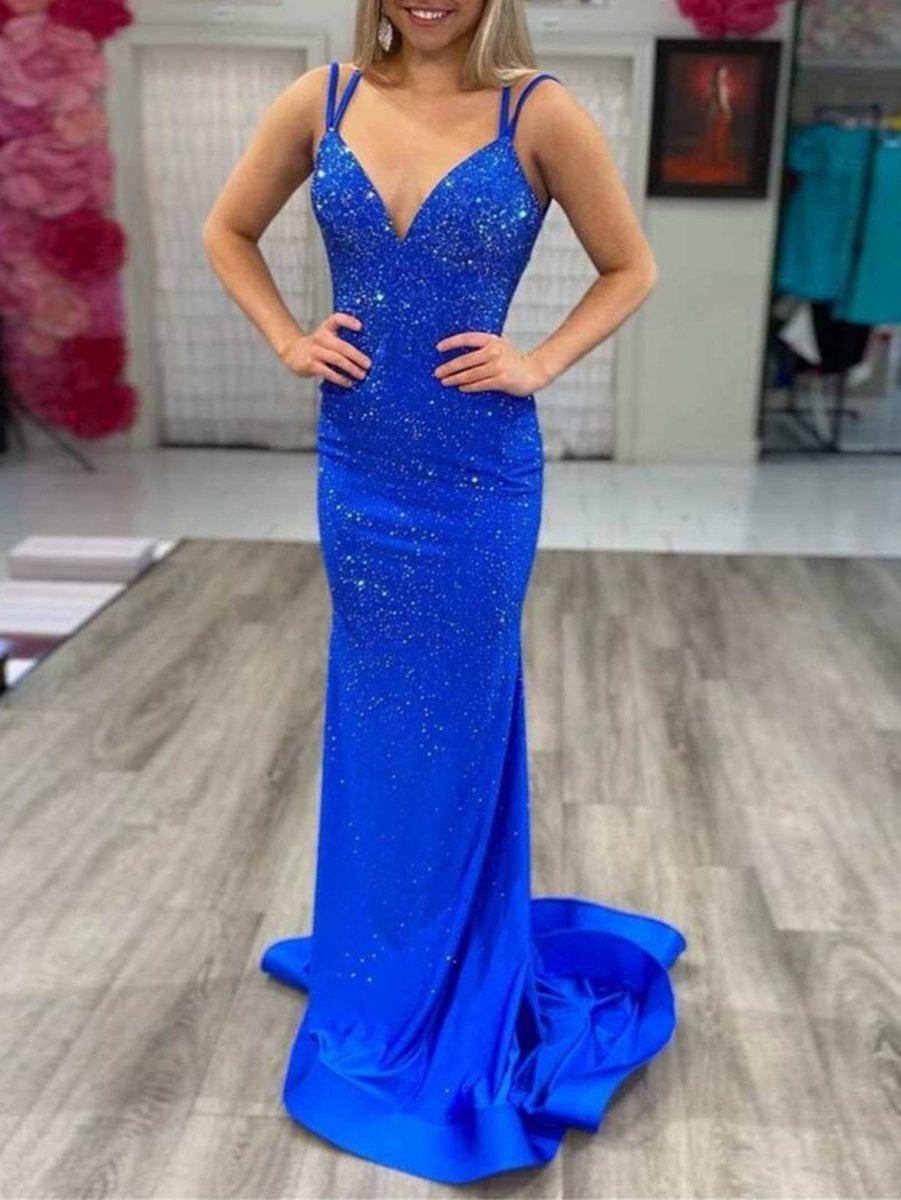 Mermaid V Neck Beaded Jersey Prom Dresses