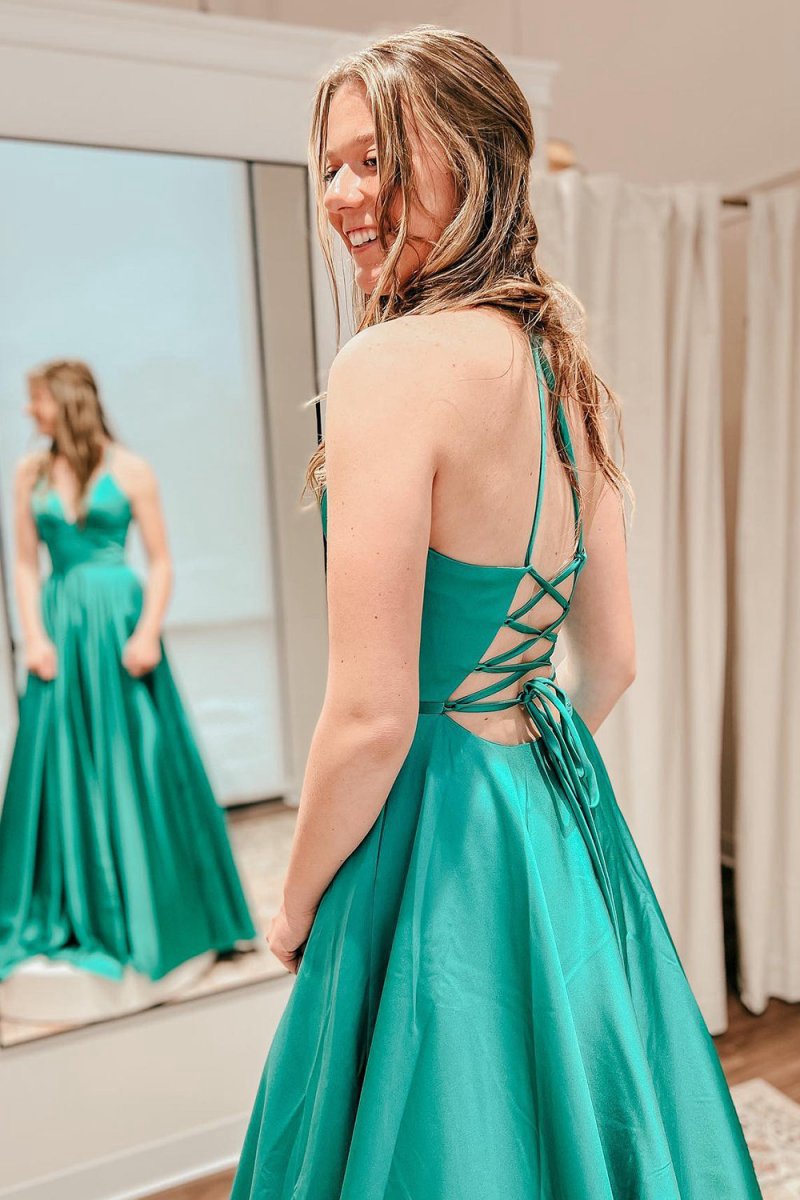 A-line Spaghetti Straps Satin Prom Dresses with Slit