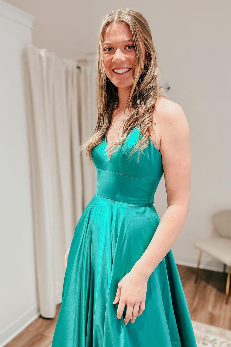 A-line Spaghetti Straps Satin Prom Dresses with Slit