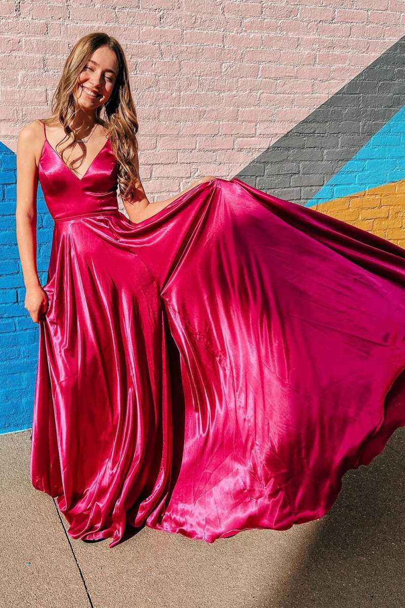 A-line Spaghetti Straps Satin Prom Dresses with Slit