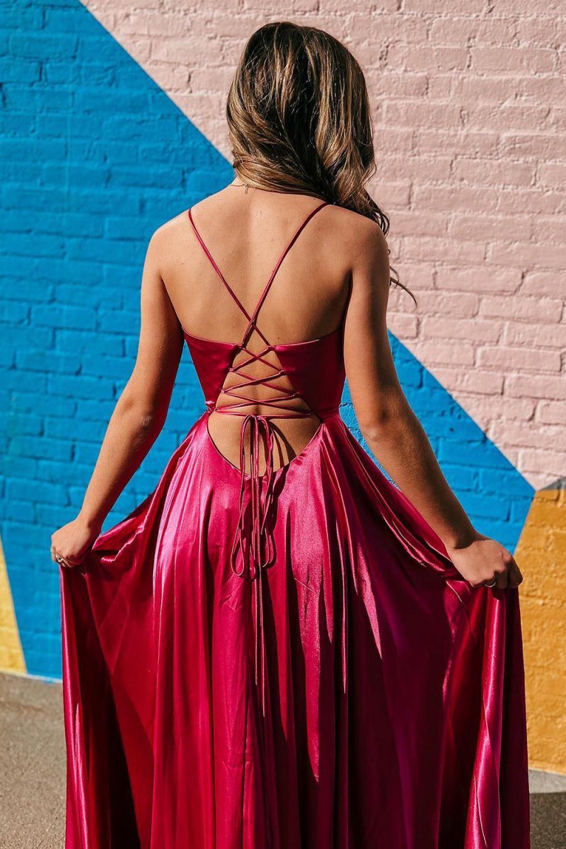 A-line Spaghetti Straps Satin Prom Dresses with Slit