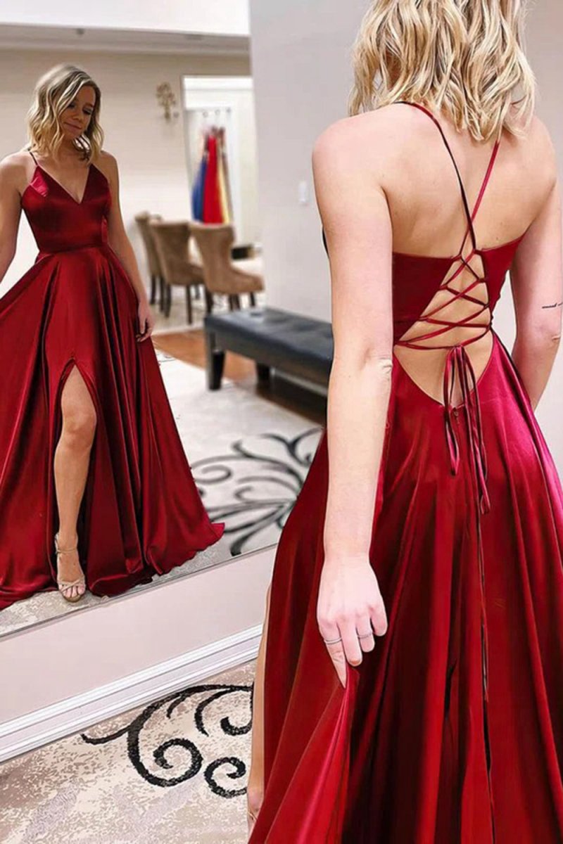 A-line Spaghetti Straps Satin Prom Dresses with Slit