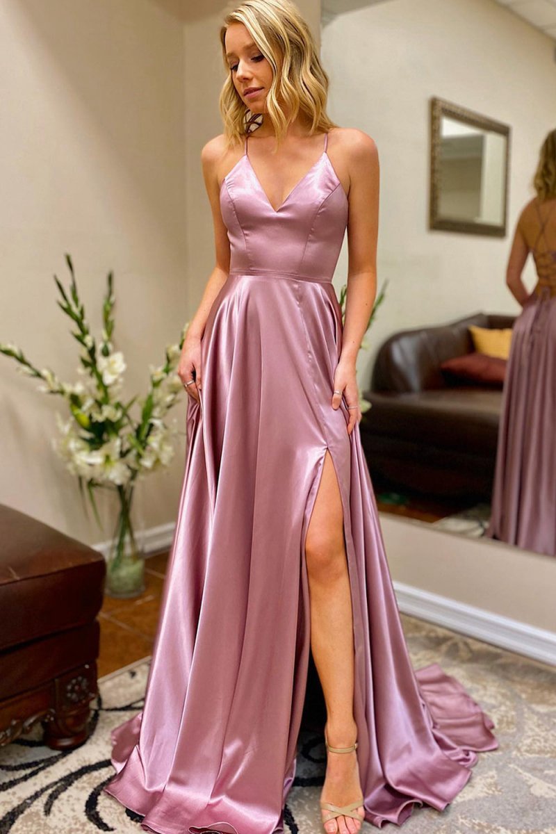 A-line Spaghetti Straps Satin Prom Dresses with Slit