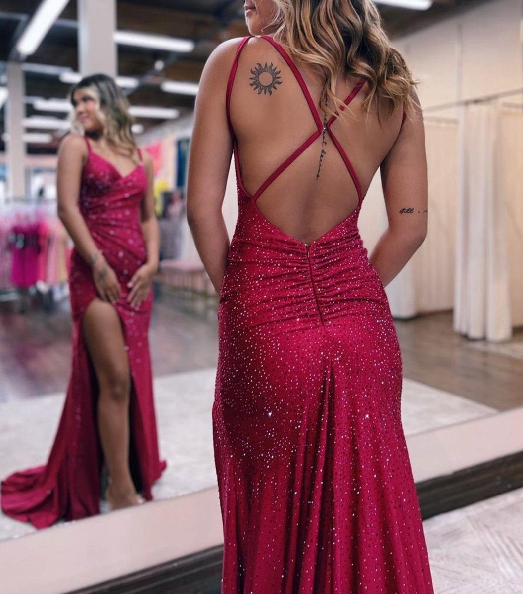 Mermaid V Neck Glitter Jersey Long Prom Dresses with Slit