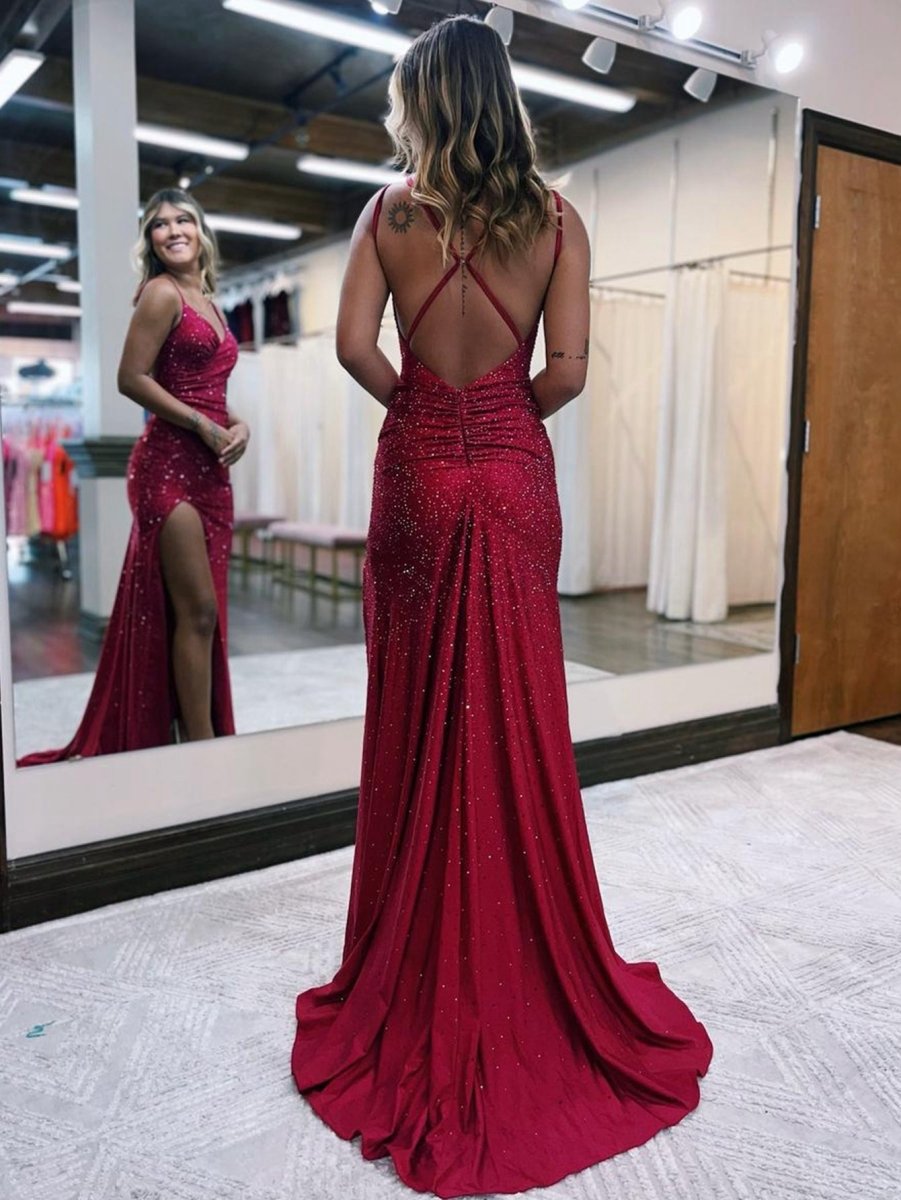 Mermaid V Neck Glitter Jersey Long Prom Dresses with Slit