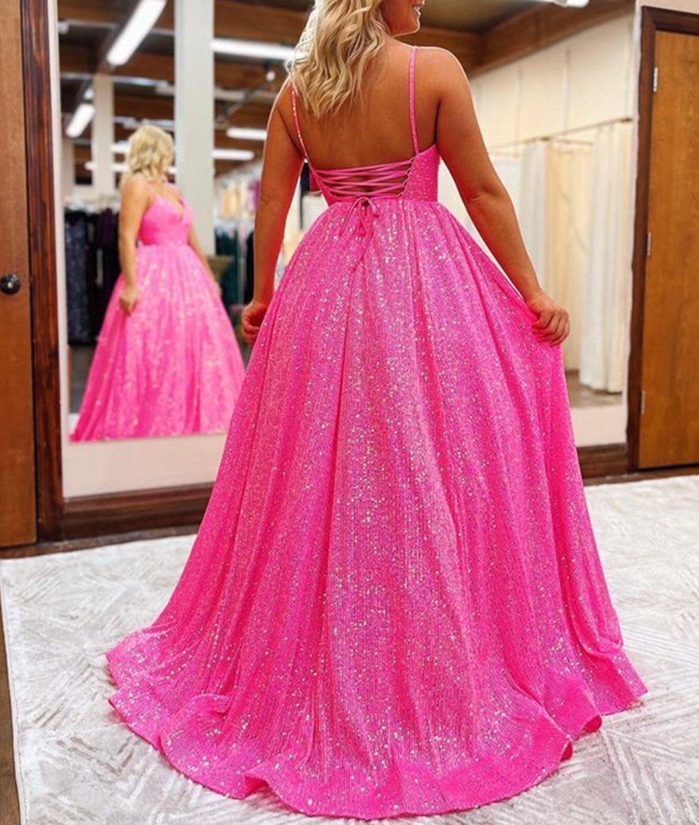 A-line V Neck Sequins Long Prom Dresses