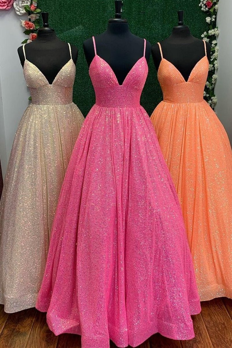 A-line V Neck Sequins Long Prom Dresses