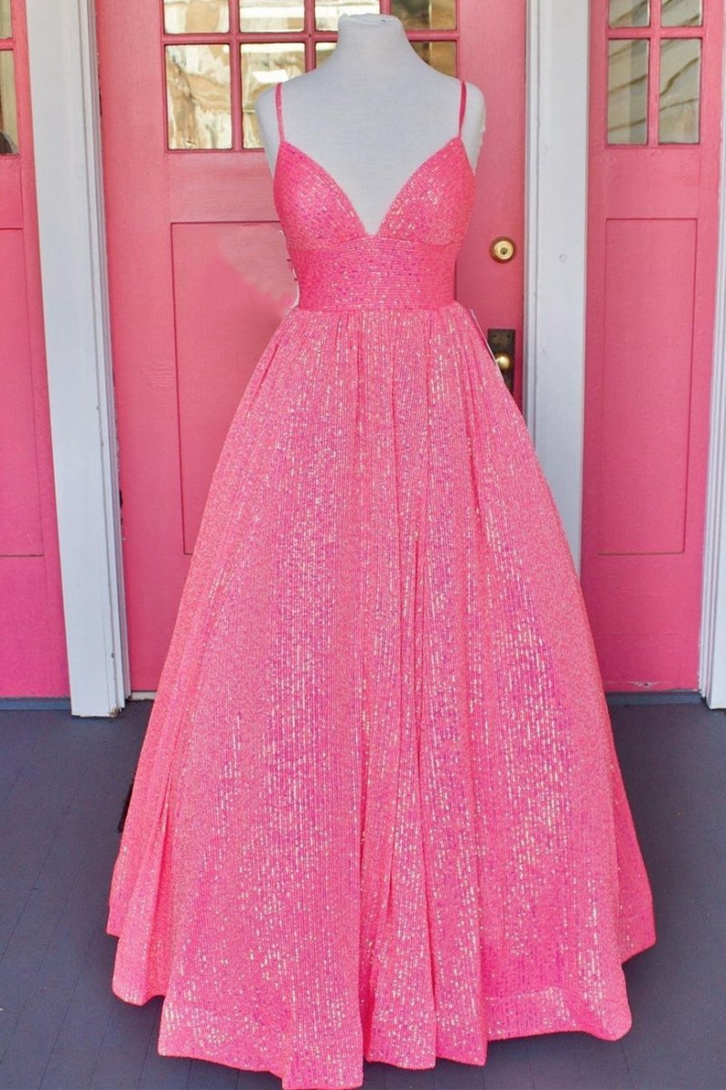 A-line V Neck Sequins Long Prom Dresses